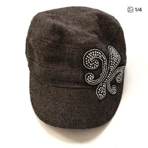 Brown Herringbone Cap with Rhinestone Fleur-de-Lis